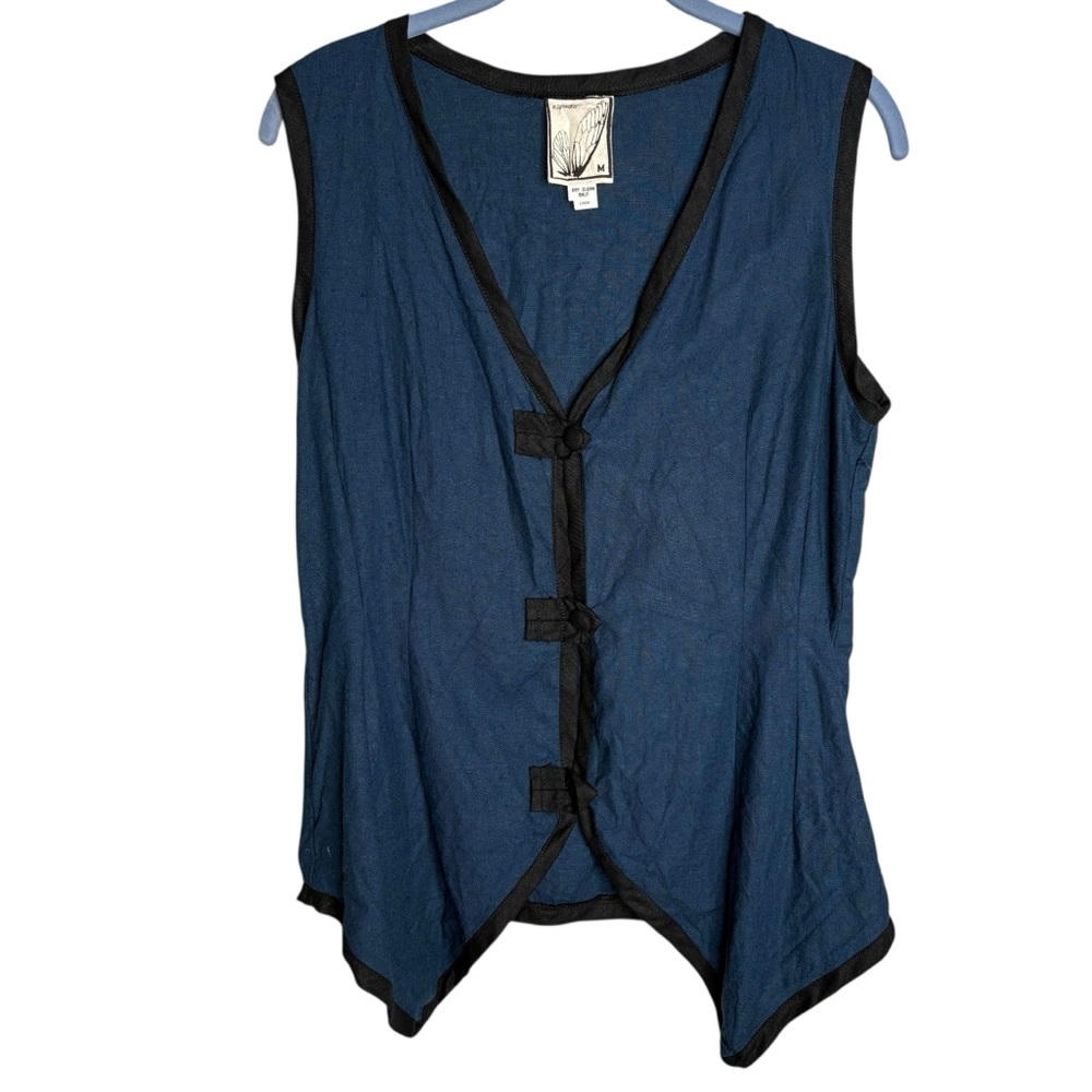 Vintage vest 90s linen artwear asymmetrical handkerchief hem frog-style closures